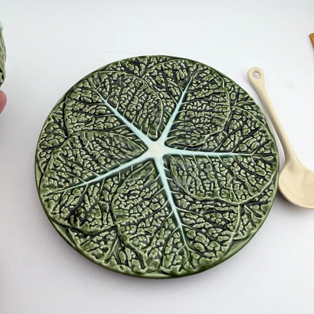 Costa Pereira Cabbage Leaf Tureen Set OS Green Majolica Portugal Vintage